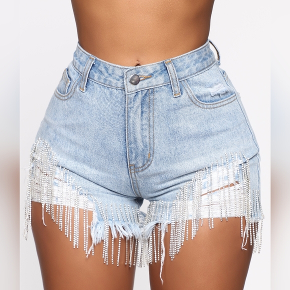 Fashion Nova Pants - Rhinestone Came Through Dripping  Denim Short, size Large